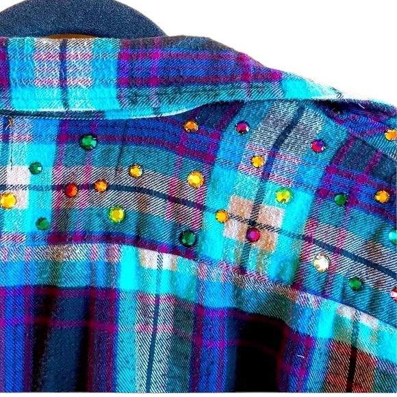 Swarovski Studded Blue and Purple Vintage Flannel Upcycled Country West… - Picture 6 of 7